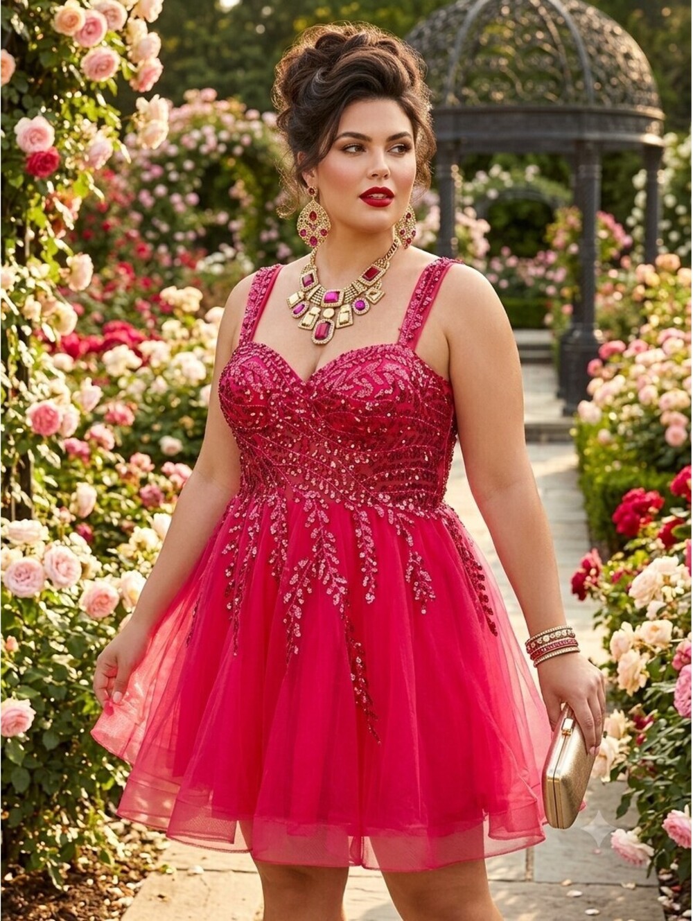 Deep Pink Sequin Homecoming Dress Size 18 Corset Back Tulle Cocktail